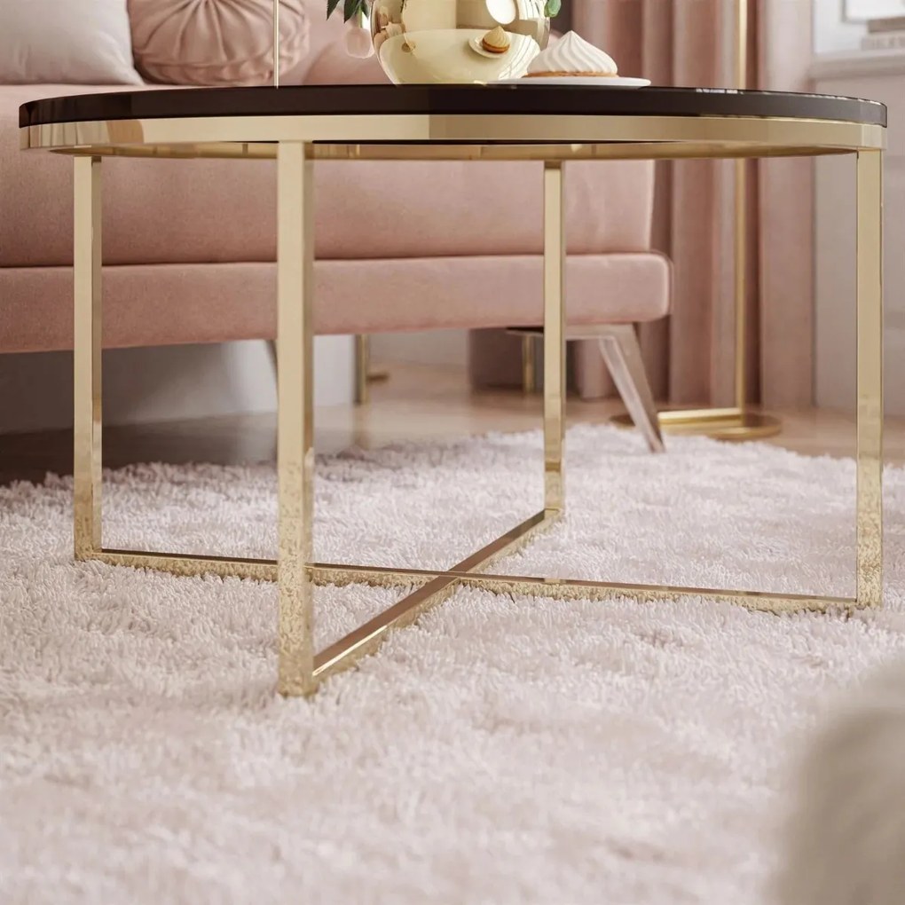 OKRÚHLY KONFERENČNÝ STOLÍK LEONARDO X ZLATÝ PODSTAVEC + ČIERNY LESK