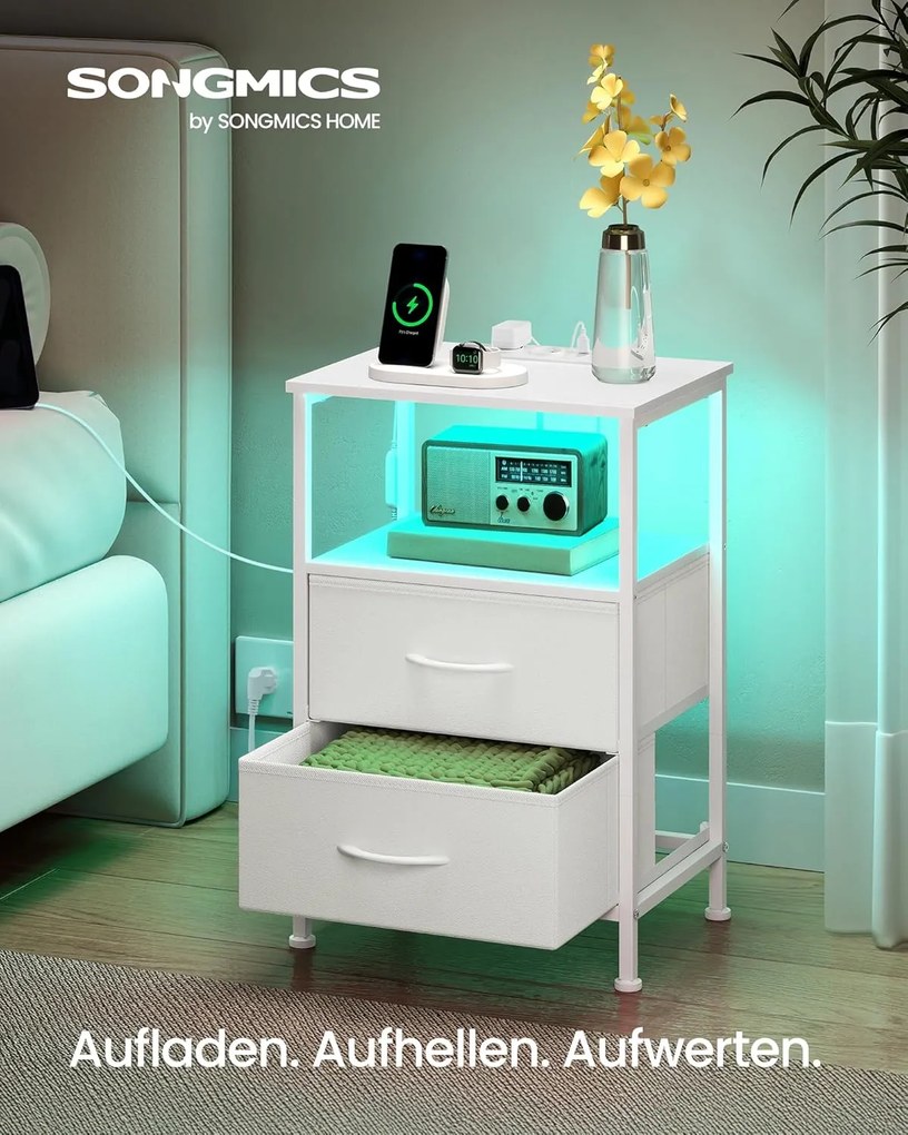 SONGMICS nočný stolík s nabíjacou stanicou, nastaviteľným LED osvetlením, snehobiely