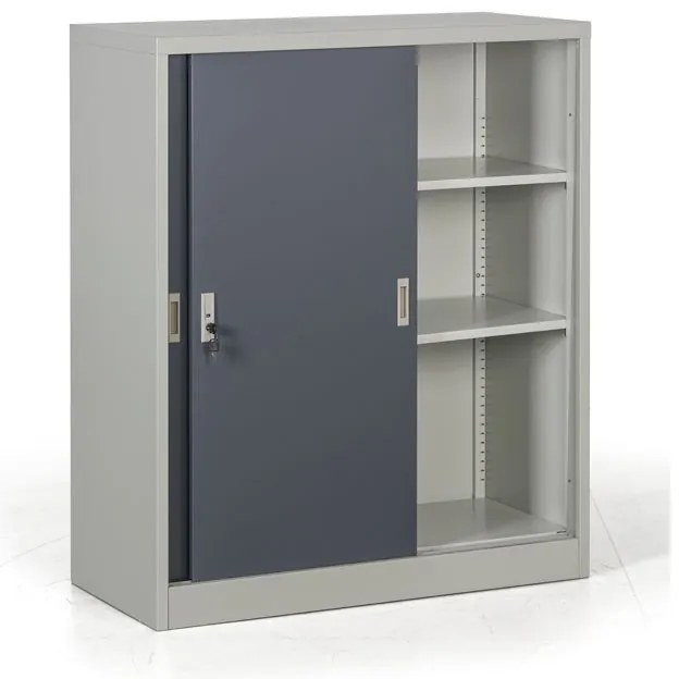 Kovová skriňa s posuvnými dverami, 2 police, 1000 x 1200 x 450 mm, tmavo sivá