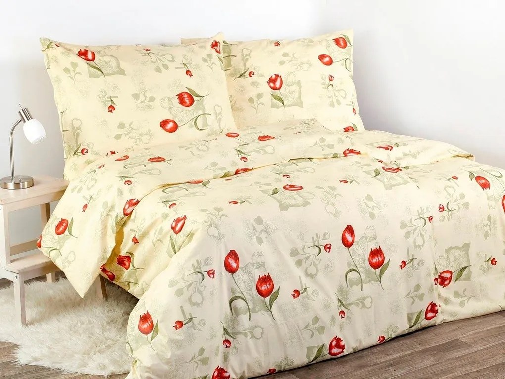 Škodák Bavlnené posteľné obliečky vzor B-426 Červené tulipány - Jednolôžko 140 x 200 cm