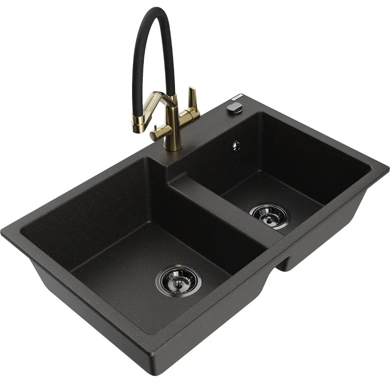 Mexen Tomas, 2-komorový granitový drez 800x500x190 mm a kuchynská batéria Duo, čierna-zlatá metalíza, 6516-75-671701-57-B