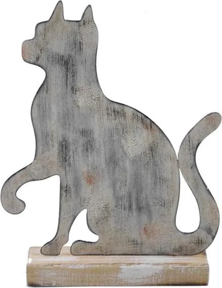 Veľká sivá kovová dekorácia na drevenom podstavci s motívom mačky Ego Dekor, 19,5 × 25 cm