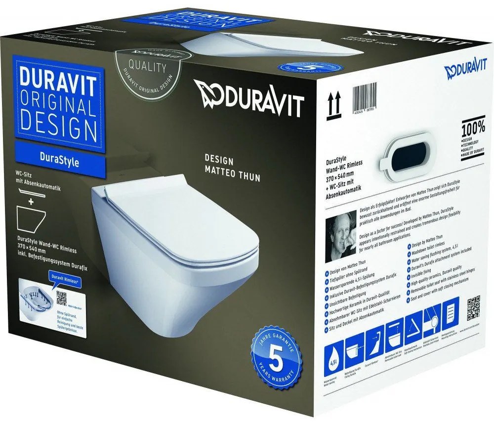 DURAVIT DuraStyle závesné WC Rimless s hlbokým splachovaním, 370 x 540 mm, biela + sedátko so sklápacou automatikou (SoftClose), 45510900A1