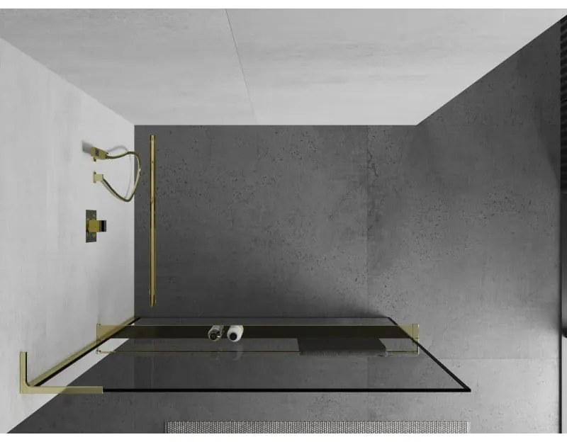 Mexen Kioto+ L, sprchová zástena Walk-In s poličkou a vešiakom 100 x 200 cm, 8mm číre sklo čierny vzor, zlatý lesklý profil,800-100-123-50-70