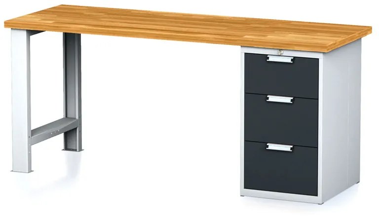 Dielenský pracovný stôl MECHANIC I, pevná noha + dielenský box na náradie, 3 zásuvky, 2000 x 685 x 880 mm, antracitové dvere