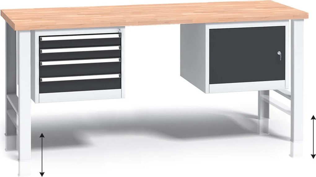 Výškovo nastaviteľný pracovný stôl do dielne G3 so závesným boxom a skrinkou na náradie, buková škárovka, 4 zásuvky, 2000 x 685 x 840 - 1050 mm, grafit