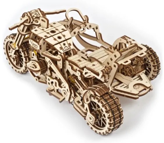 Ugears - 3D drevenené mechanické puzzle Motorka scrambler s vozíkom
