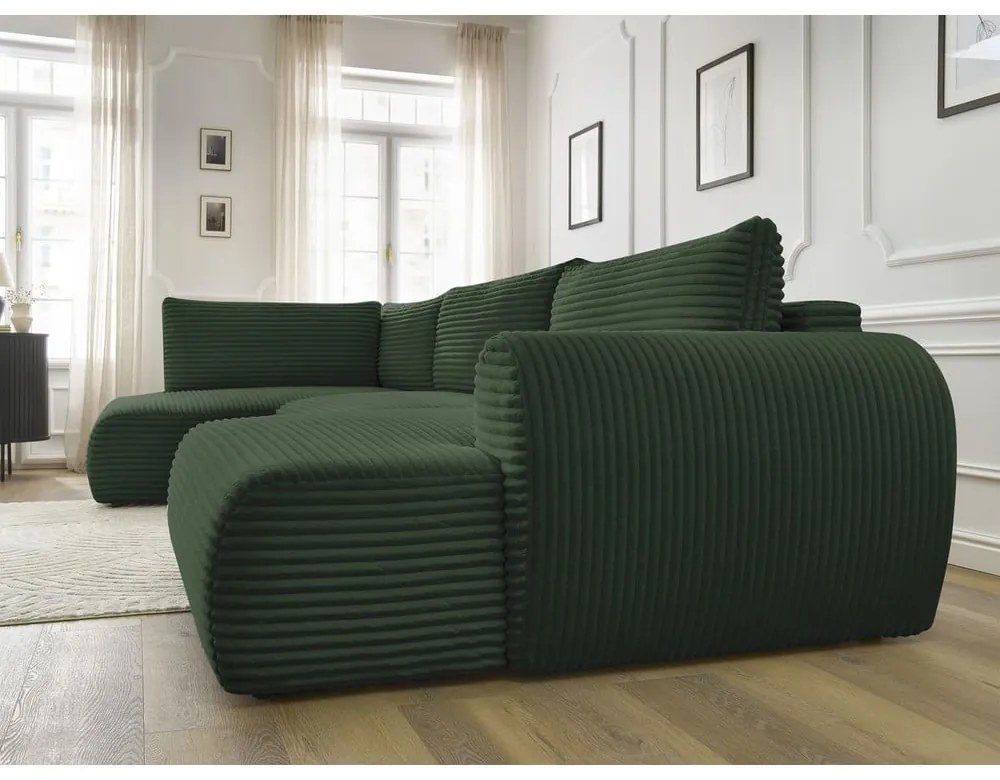 Tmavozelená menčestrová rozkladacia/s úložným priestorom rohová pohovka (ľavý roh/do tvaru "U") Lucien – Bobochic Paris