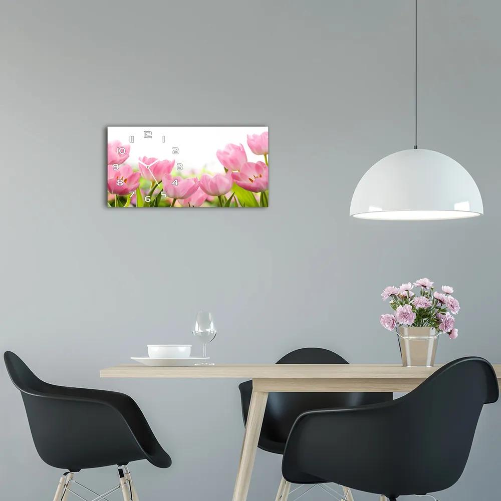 Sklenené hodiny na stenu Ružové tulipány pl_zsp_60x30_f_76412458