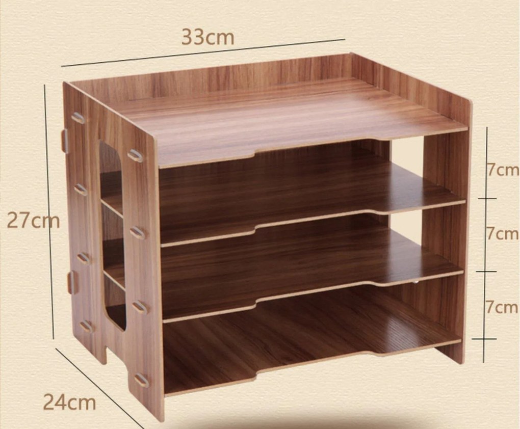 Drevený DIY kancelársky zásobník na dokumenty, organizér na dokumenty 4 priehradky tmavé drevo QS205 Čierna