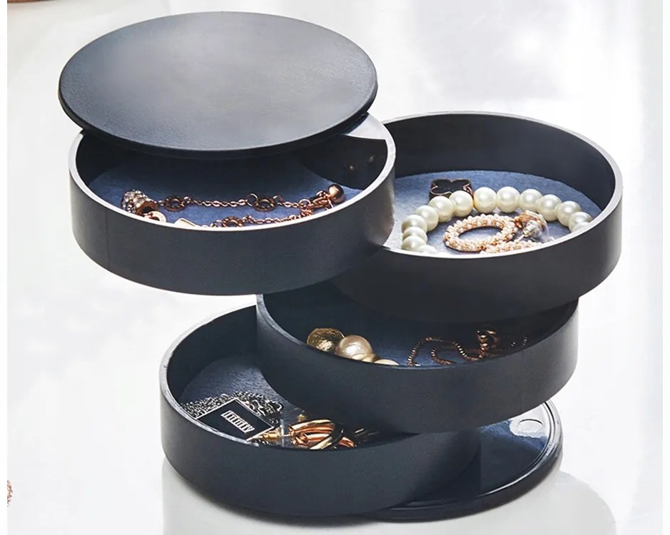 VERK GROUP 4 - poschodový okrúhly organizér na šperky, šperkovnica, čierna