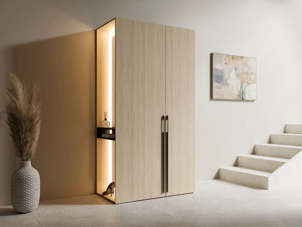 DVOJDVEROVÁ ŠATNÍKOVÁ SKRIŇA GLENN DUB BARISTA + REGÁL + ZRKADLO + LED 110 cm