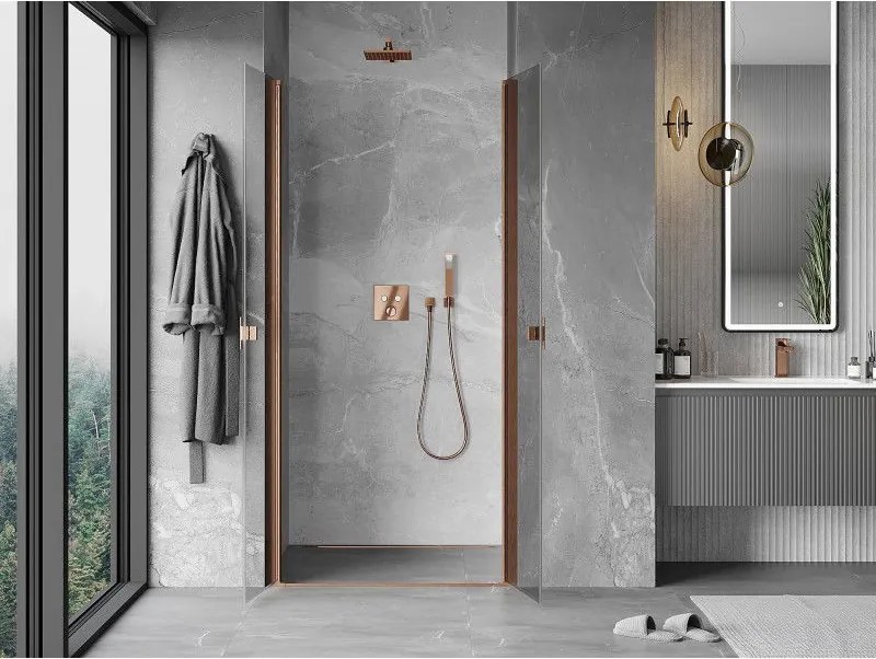 Mexen MIST, 2-krídlové sprchové dvere (d+d) 110x200 cm, 6mm číre sklo, medený matný profil, 8A7-110-000-65-00