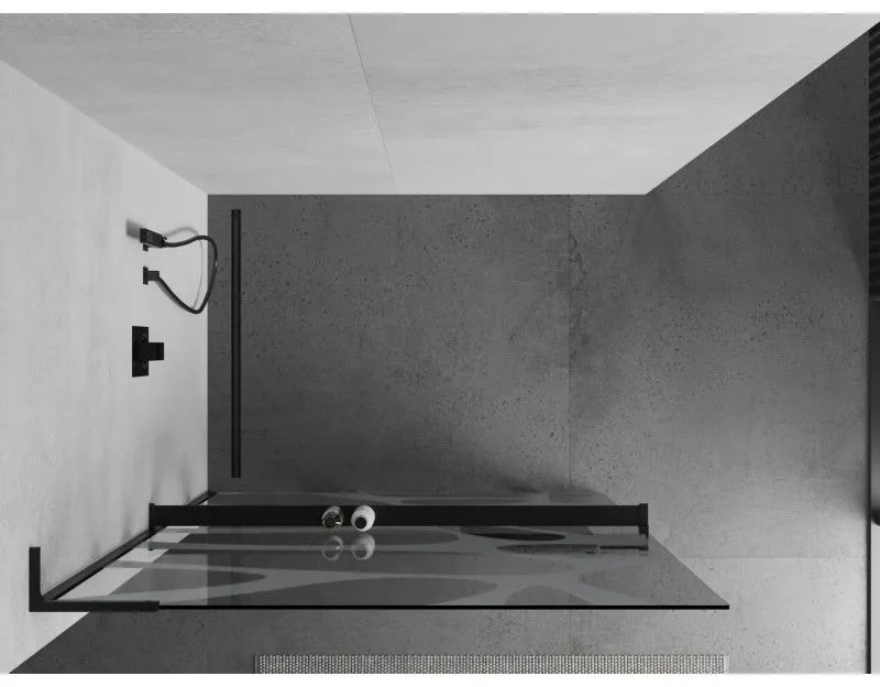 Mexen Kioto+ L, sprchová zástena Walk-In s poličkou a vešiakom 90 x 200 cm, 8mm číre sklo biely vzor, čierny profil, 800-090-123-70-97