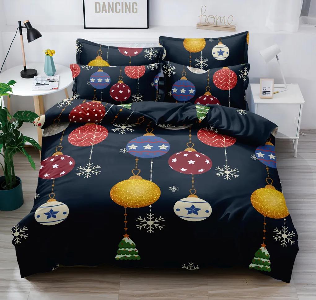 Kvalitné tmavo modré vianočné posteľné obliečky s farebnými ozdobami