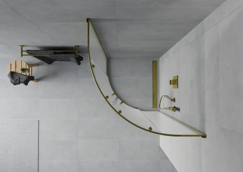Mexen Rio, štvrťkruhový sprchovací kút s posuvnými dverami 90(dvere) x 90(dvere) x 190 cm, 6mm sklo námraza, zlatý lesklý profil, 863-090-090-50-30