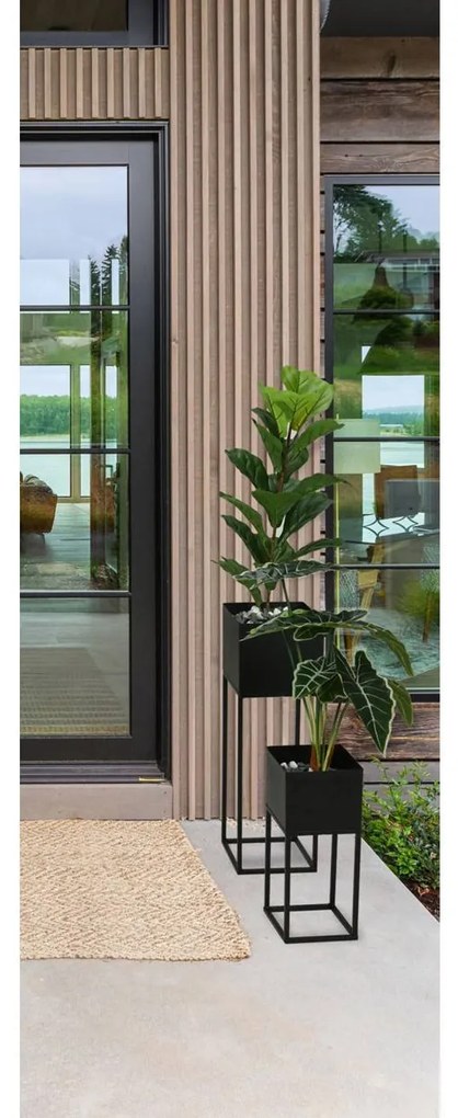 KOVOVÝ KVETINÁČ SO STOJANOM PLAIN SADA 2KS 58X19 CM+37X16 CM ČIERNA