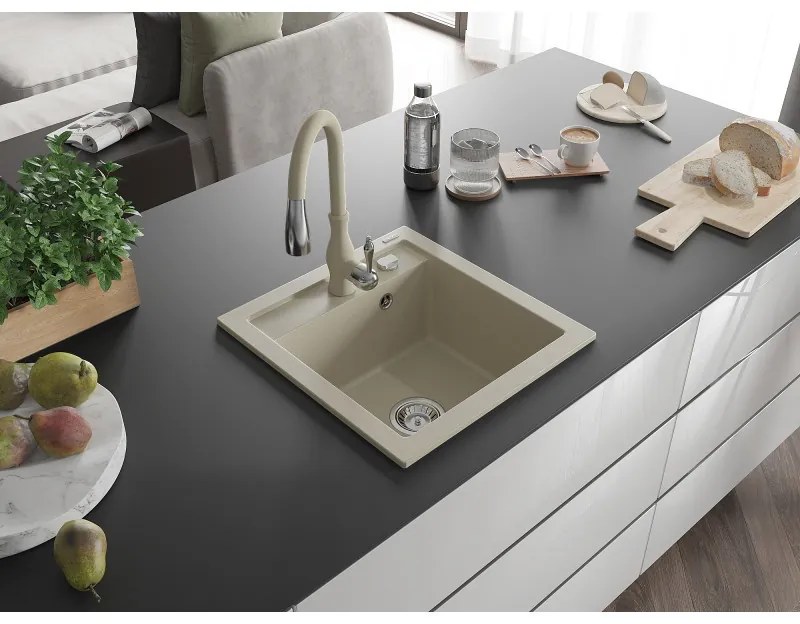 Mexen Vito, 1-komorový granitový drez 520x490x210 mm a drezová batéria Savita, béžová, 6503-69-672601-69