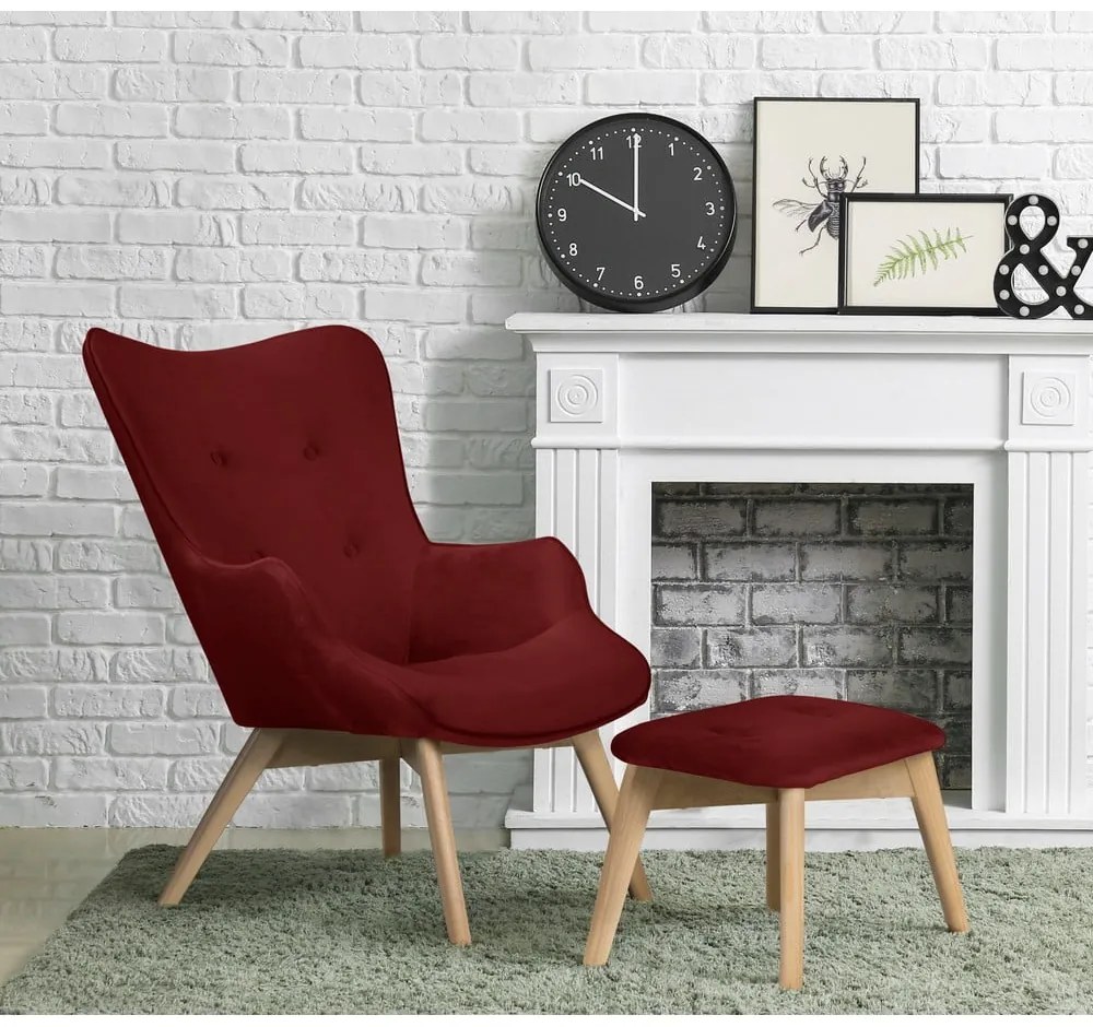 Červené zamatové kreslo s podnožkou Niko – Ropez