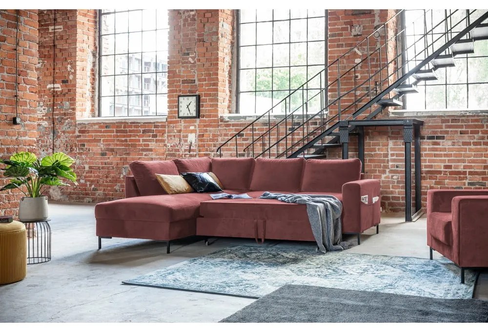 Ružová zamatová rozkladacia rohová pohovka (ľavý roh) Lofty Lilly – Miuform