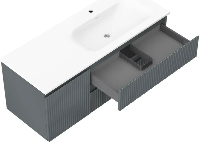 Mexen Rivel, kúpeľňová skrinka 120 cm s pravým umývadlom Vela, 2S, 1D, drážkovaná, grafitová/biela matná, 91A23-12047-3-BBFFF66-W23P01