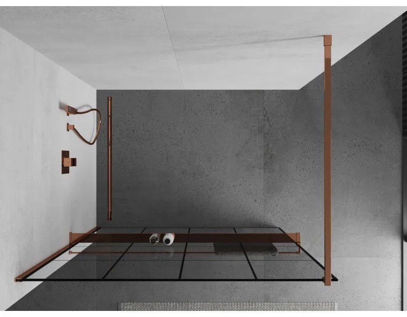 Mexen Kioto, sprchová zástena s poličkou a držiakom na uteráky 130 x 200 cm, 8mm číre sklo s čiernym vzorom, profil ružové zlato, 800-130-121-60-77