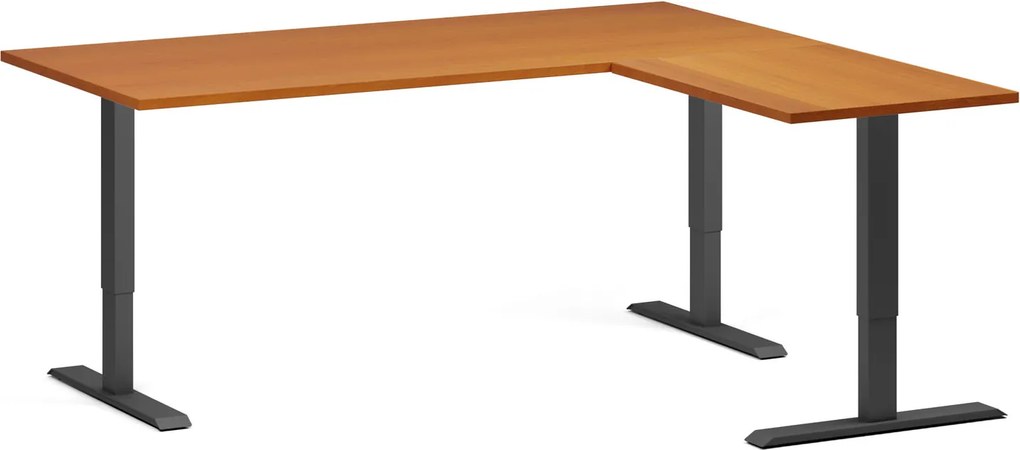 Výškovo nastaviteľný stôl, 180x160 cm, 3 motory, L/P, čierna podnož, čerešňa