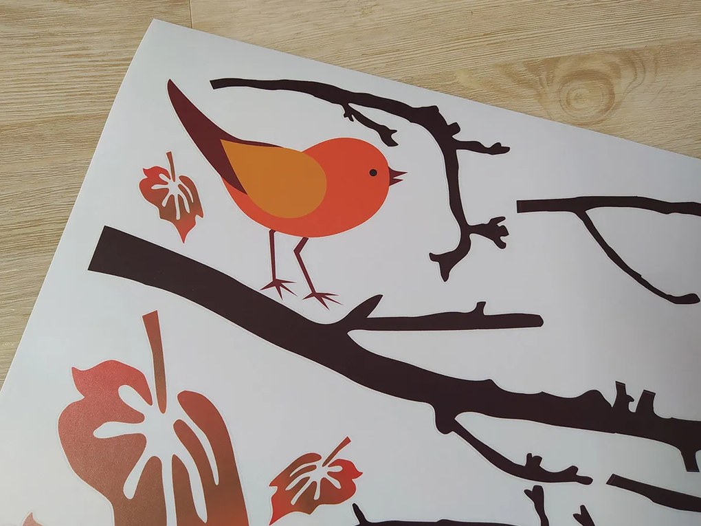 Vetva s vtáčikmi textilní prelepiteľná nálepka na stenu list 45 x 33 cm