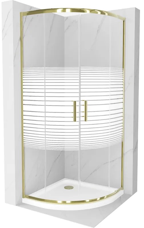 Mexen Rio, štvrťkruhový sprchovací kút s posuvnými dverami 90(dvere) x 90(dvere) x 190 cm, 6mm číre sklo s pásikmi, zlatý profil + biela sprchová vanička SLIM, 863-090-090-50-20-4110G