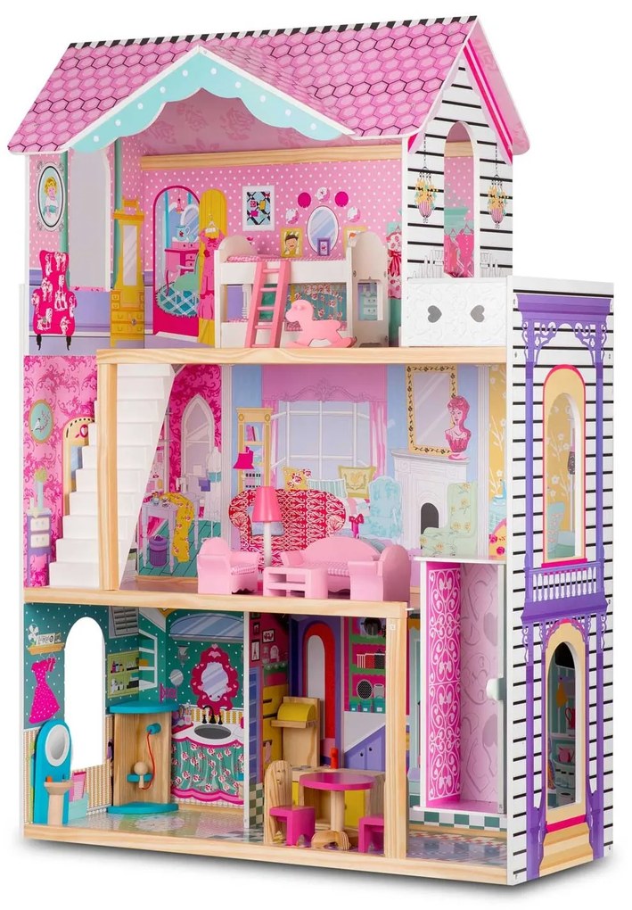 Ricokids Drevený domček pre bábiky veľký 3-poschodový s výťahom a LED osvetlením