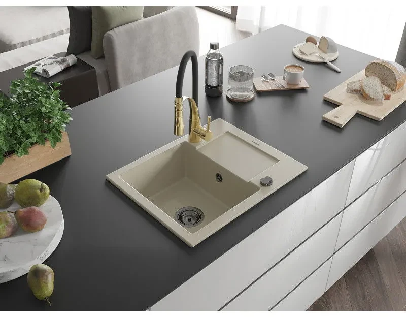 Mexen Enzo, 1-komorový granitový drez 576x465x174 mm a drezová batéria Aster, béžová, 6506-69-73450-57-B