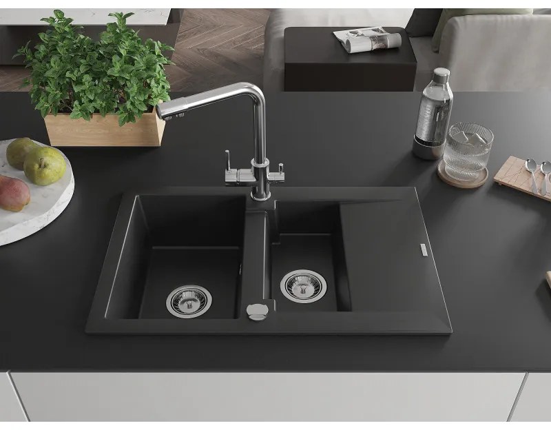 Mexen Gaspar, granitový drez 737x475x177 mm, 1,5-komorový, chrómová batéria Duero, čierna, 6507-77-671600-00