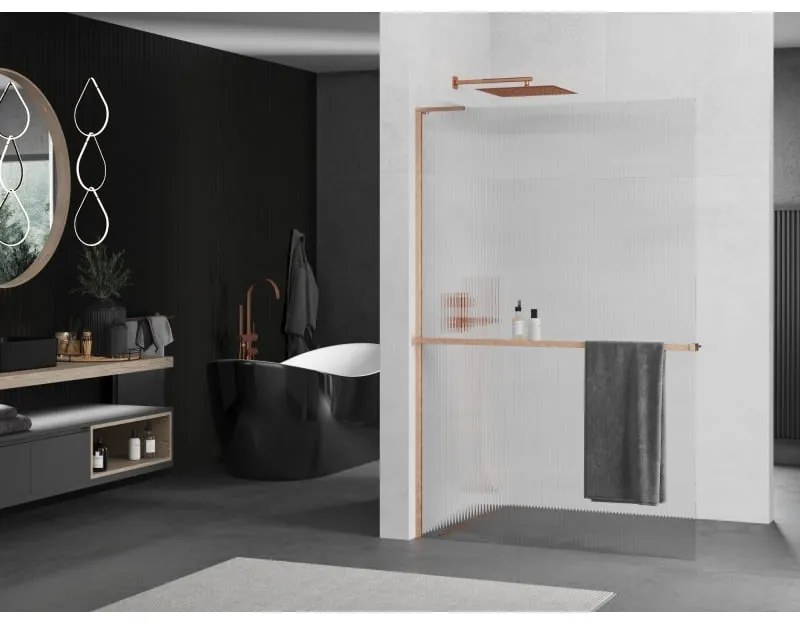 Mexen Kioto+ L, sprchová zástena Walk-In s poličkou a vešiakom 90 x 200 cm, 8mm sklo s rebrovým vzorom, medený matný profil, 800-090-123-65-09