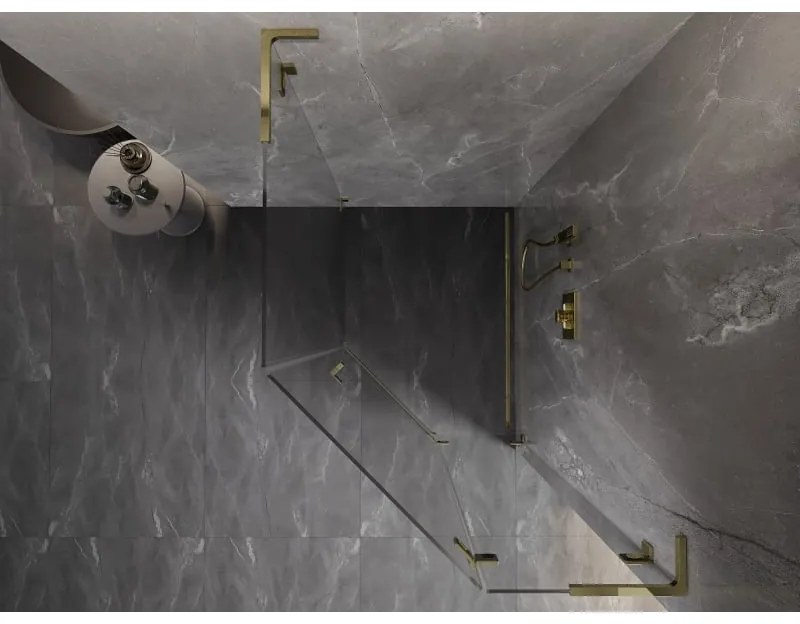 Mexen Lunar, L pravý výklopný päťuholníkový sprchový kút 80 x 100 cm, 8mm číre sklo, zlatý profil, 831L-080P-100L-50-00-P