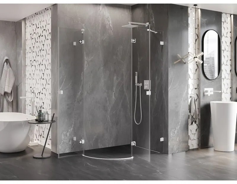 Mexen Lunar, pravý polkruhový sprchový kút 90 x 80 cm, 8mm číre sklo, biely profil, 833-090P-080L-20-00