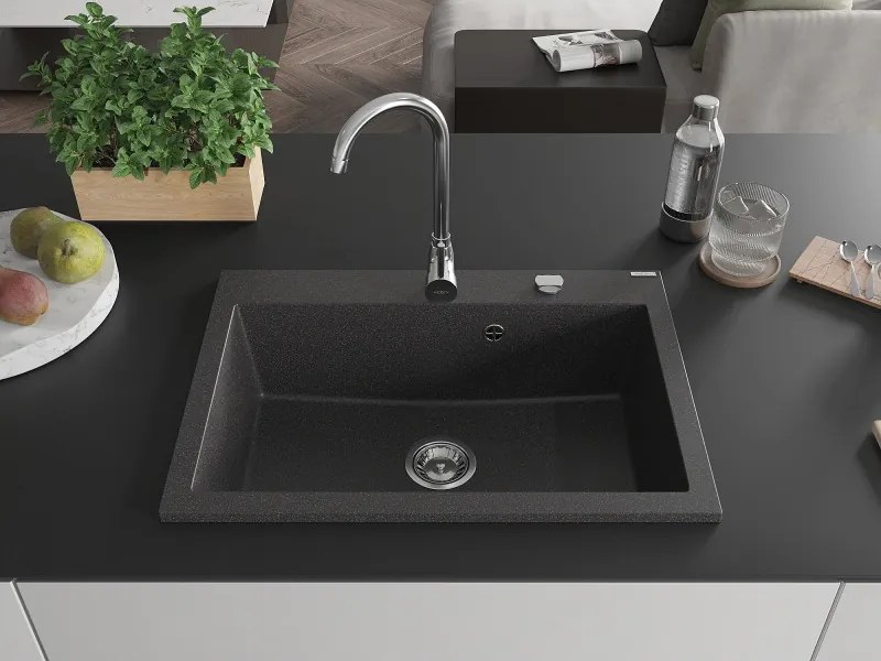 Mexen Elix granitový kuchynský drez 1-komorový 700 x 500 mm, čierny s bielymi škvrnami, chrómový sifón - 6526701005-76