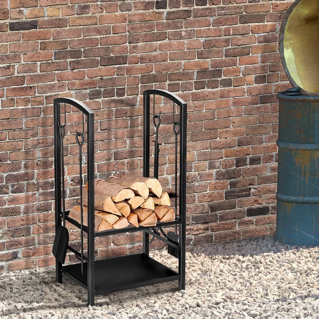 Krbový stojan na drevo s náradím, čierny