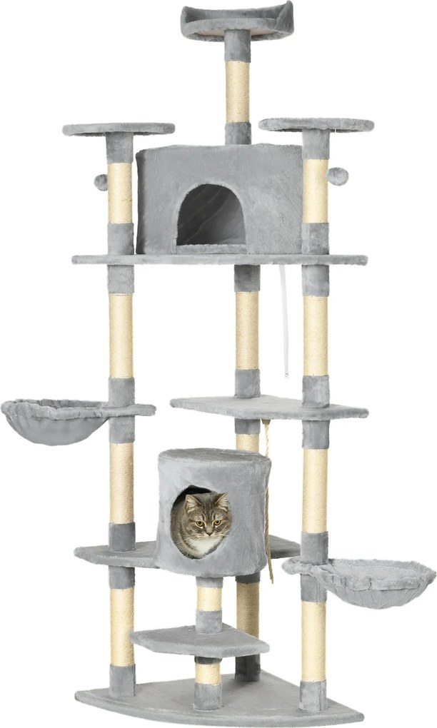 PawHut Cat Tree 200 cm - Mačací Veža s Doupětem, 2 Hračkú, Sisálové Stĺpiky, Platforma, Houpací Síť, Viacúrovňový Škrabadlo pre Mačky, Lezecké Strom