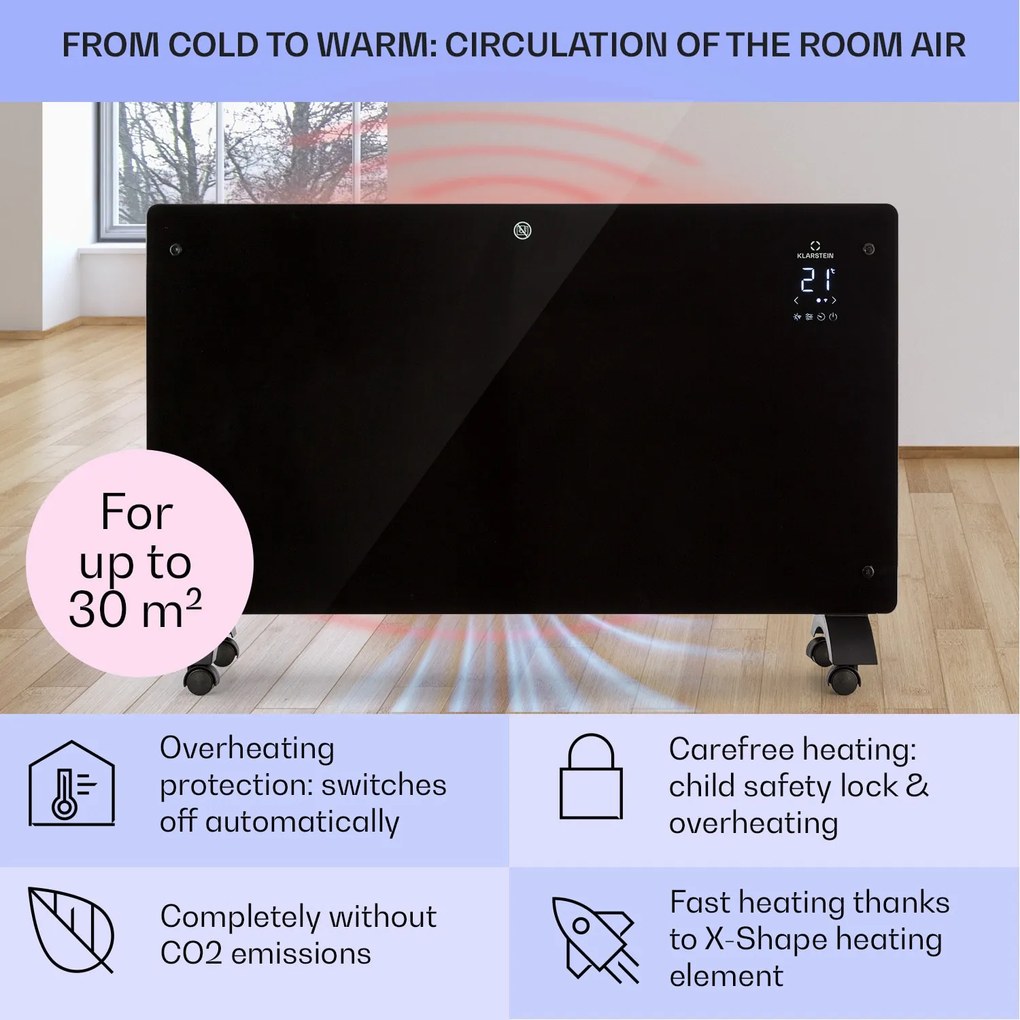 Klarstein Bansin Crystal Smart, konvektor, 1500 W, 5 - 50 °C, ovládanie cez aplikáciu