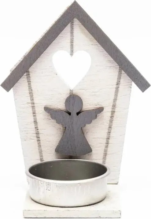DECOLED Drevený svietnik na čajové sviečky Chalúpka s anjelom 10,5 × 5 cm, sivý a biely