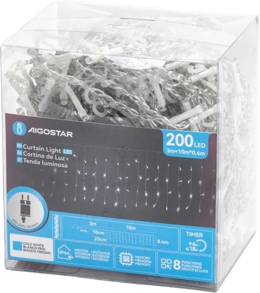 Aigostar - LED vonkajšia vianočná reťaz 200xLED/3,6W/230V/8 funkcií 10x0,4m IP44 studená biela