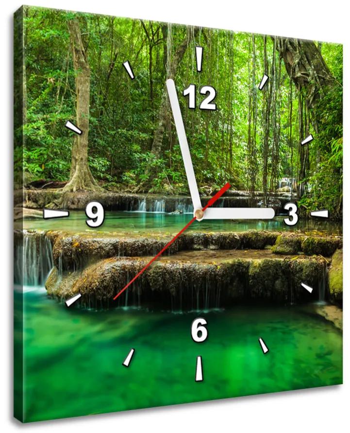 Gario Obraz s hodinami Vodopád Erawan v Thajsku Rozmery: 100 x 40 cm