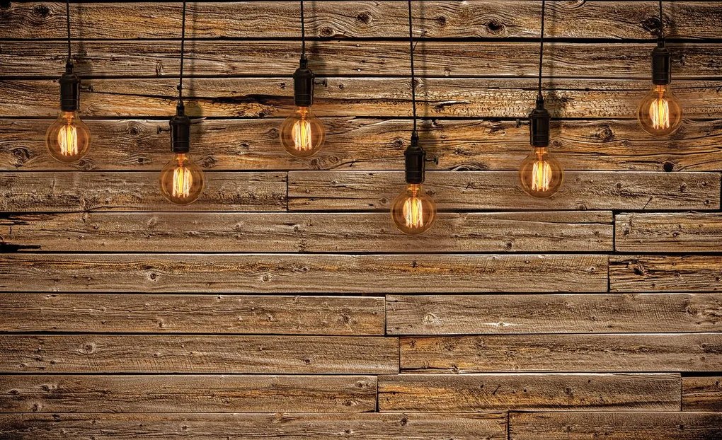 Fototapeta - Žiarovky na drevených doskách (254x184 cm)