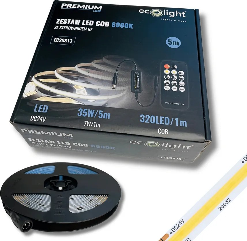 ECOLIGHT COB LED pásik 35W - 24V - 320 - 5M - 6000k - studená farba + diaľkový ovládač