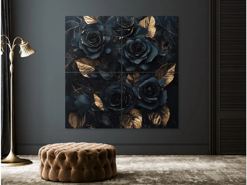 drevko | Štvordielny obraz Zlatý tieň ruží 100 x 100 cm
