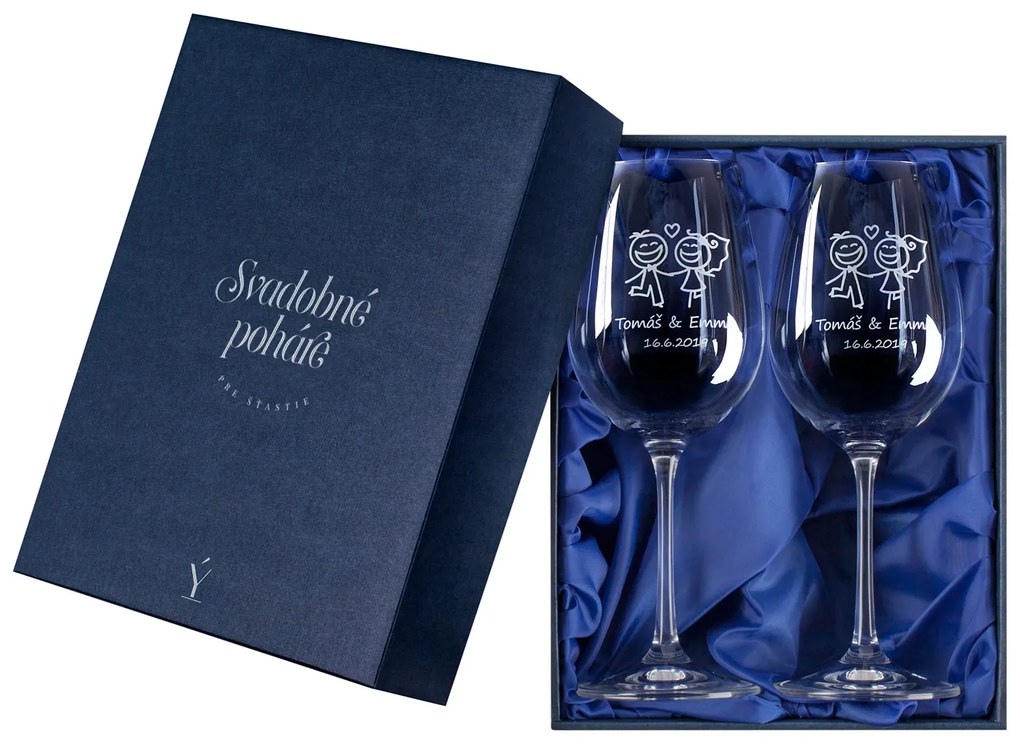 Darčeková krabička na vínne svadobné poháre modrý satén