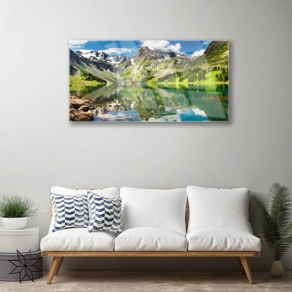Obraz na skle Hora jazero príroda 120x60 cm