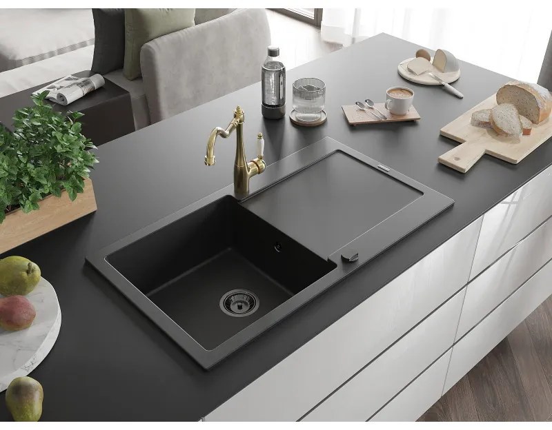 Mexen Leo, granitový drez 900x500x190 mm, 1-komorový a drezová batéria Carla, čierna, 6501-77-670700-50-B