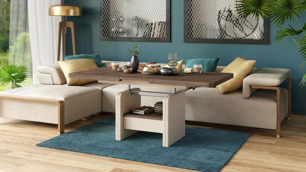 Konferenčný stolík LEXUS, rozkladací, s funkciou zdvíhania dosky, hnedý dub / béžový