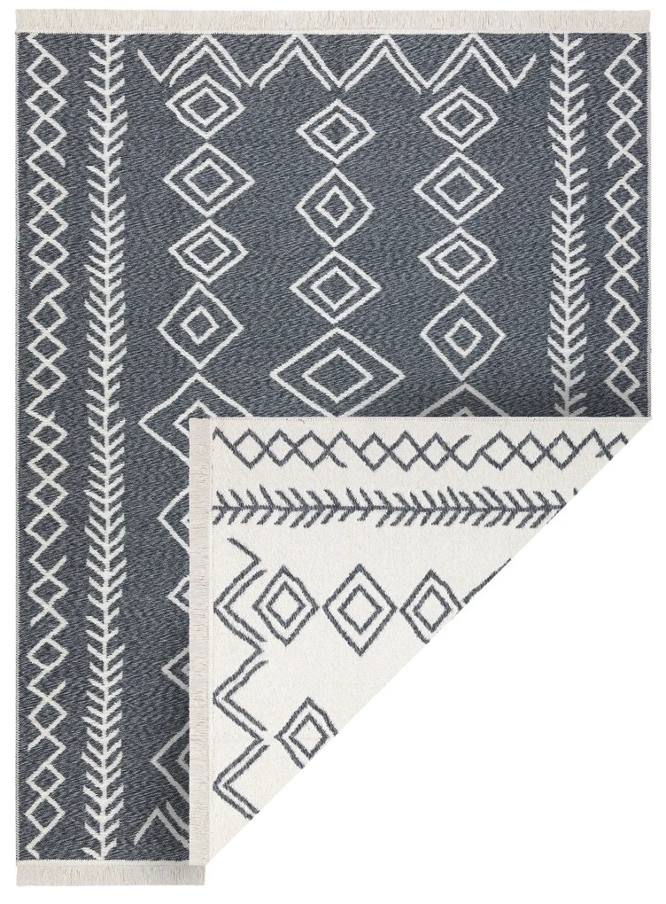 Obojstranný šnúrkový ekologický koberec TWIN 23000 Boho, so strapcami, antracit - krémový